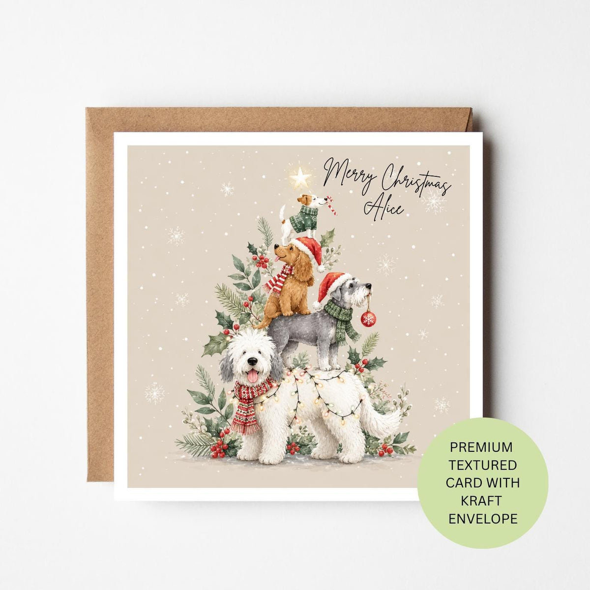 Personalised Watercolour Dog Christmas Tree Card, Multi Dog Family, Textured Kraft Envelope