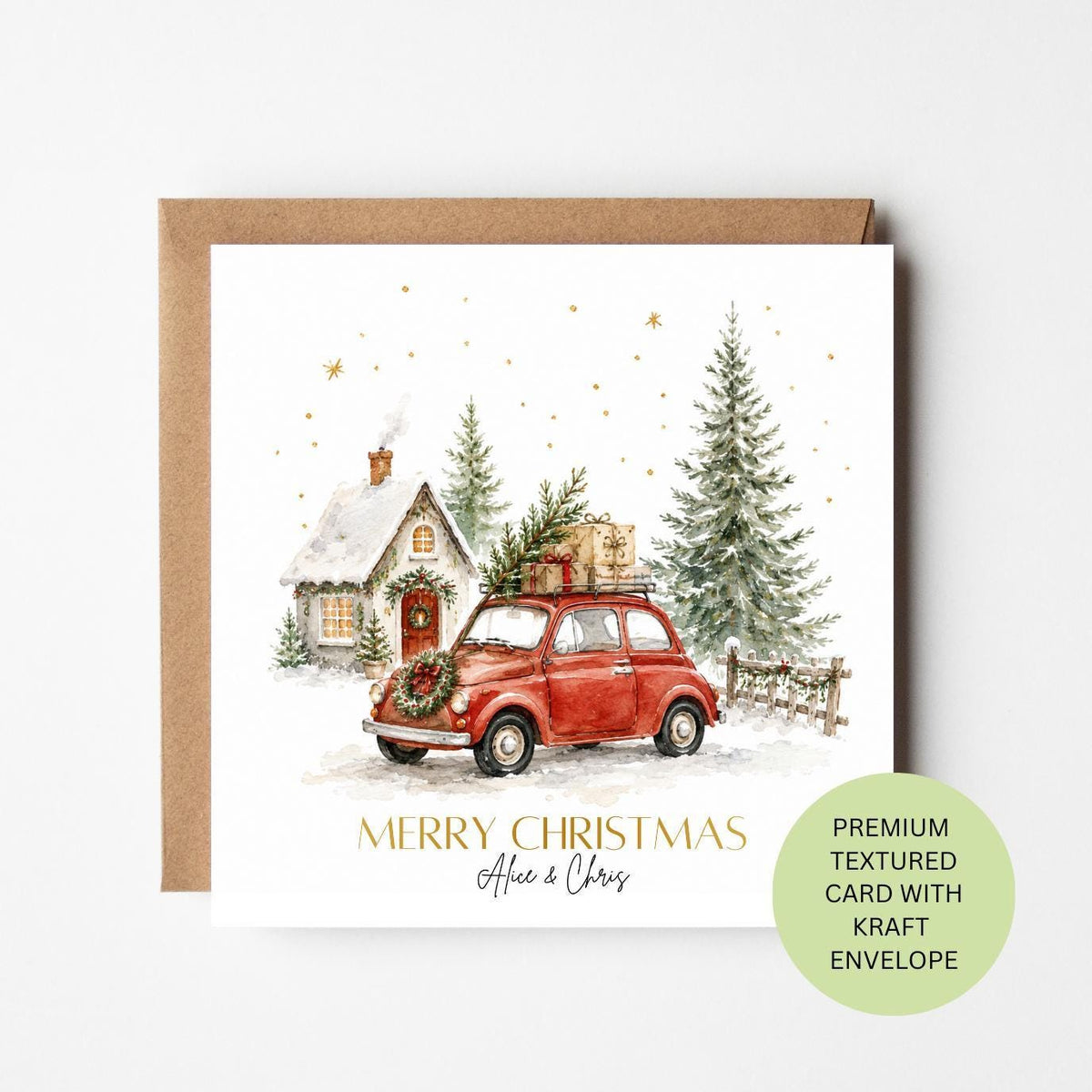 Personalised Red Fiat Christmas Card, Watercolour Classic Car, Snowy Cottage Scene, Textured Festive Greeting