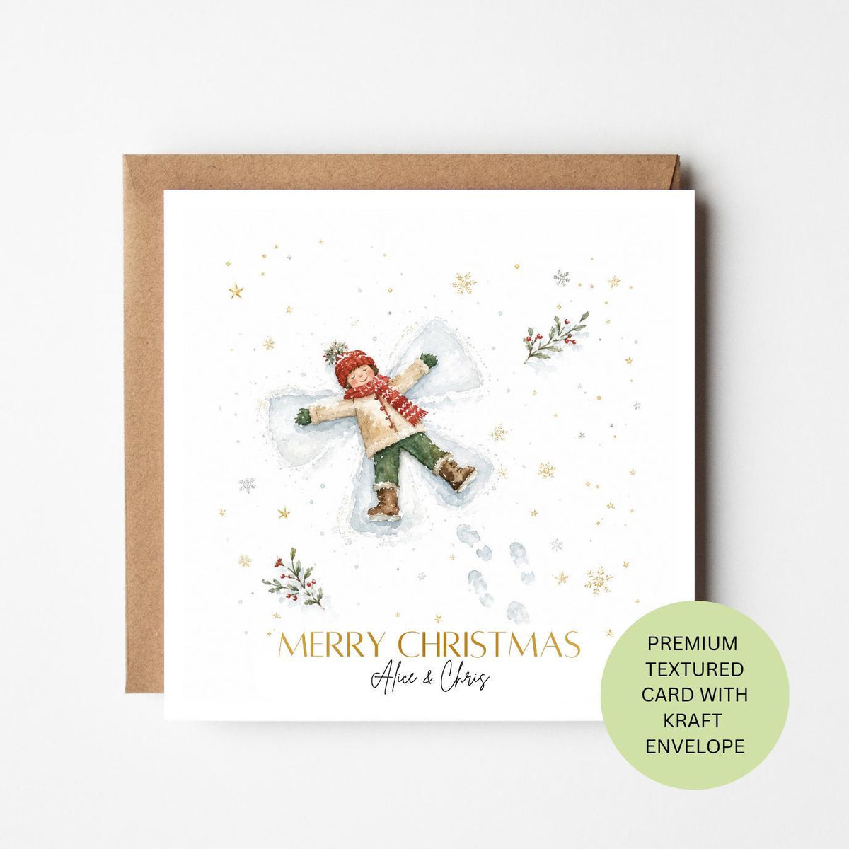 Personalised Snow Angel Christmas Card, Child Winter Watercolour Card