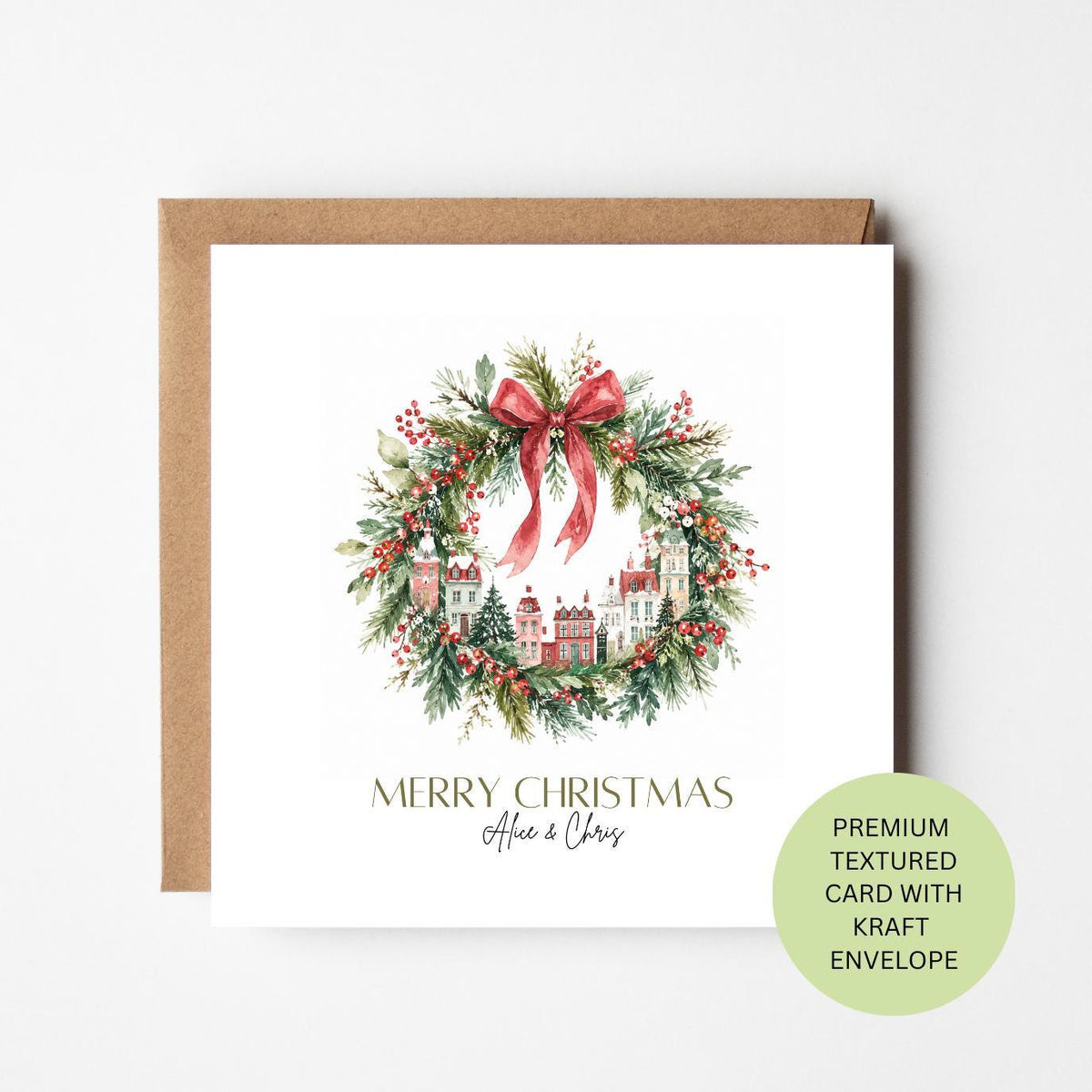 Personalised Christmas Wreath Card, Watercolour Townhouse Festive Greeting, Textured Card, Kraft Envelope