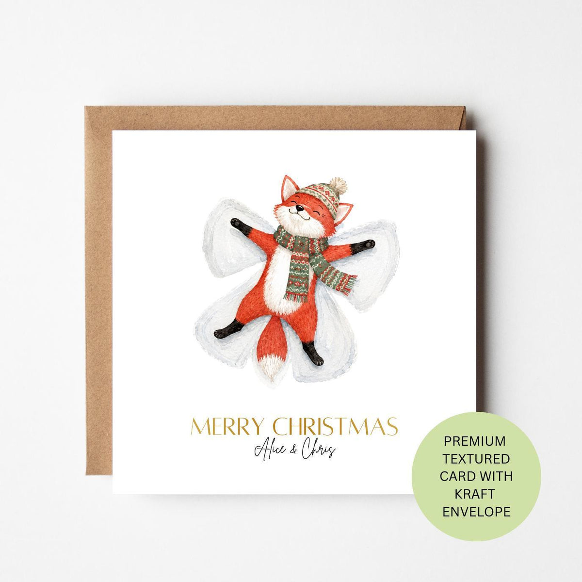Personalised Watercolour Fox Christmas Card, Snow Angel Woodland Animal (Textured Card)