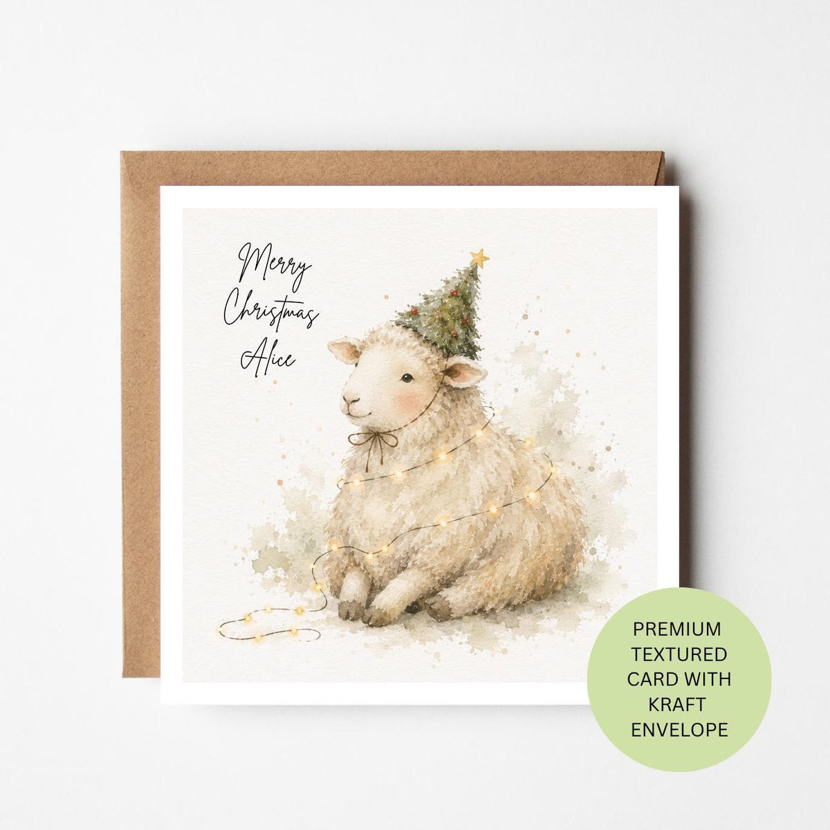 Personalised Sheep Christmas Card, Farm Animal Fairy Lights Watercolour Card