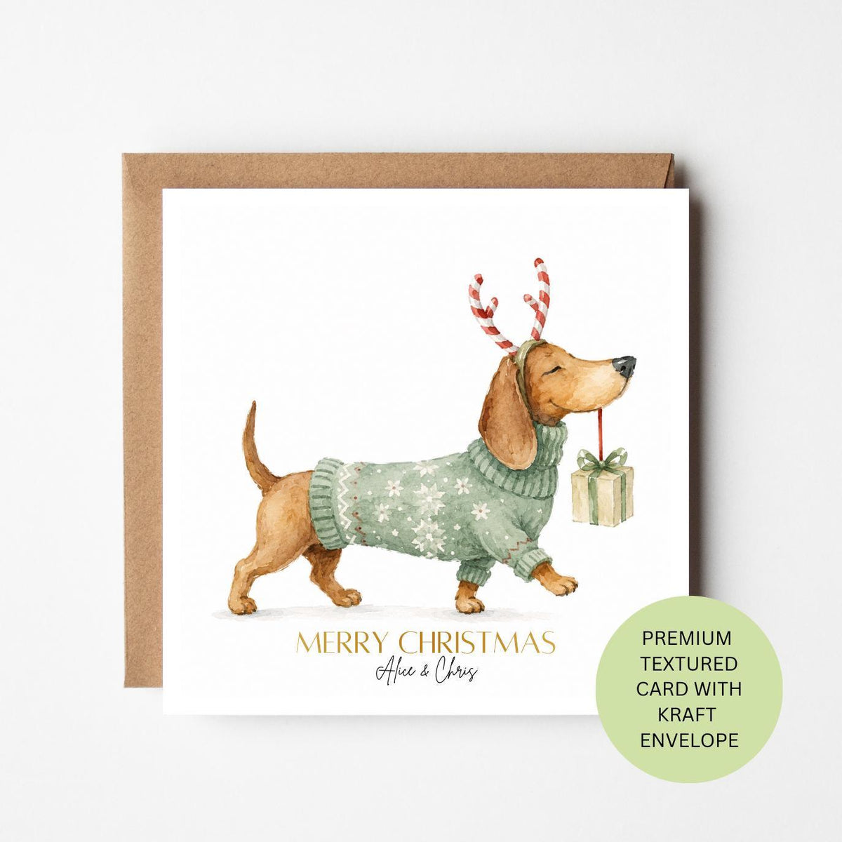 Personalised Dachshund Christmas Card, Green Jumper Watercolour, Elegant Textured Sausage Dog Card