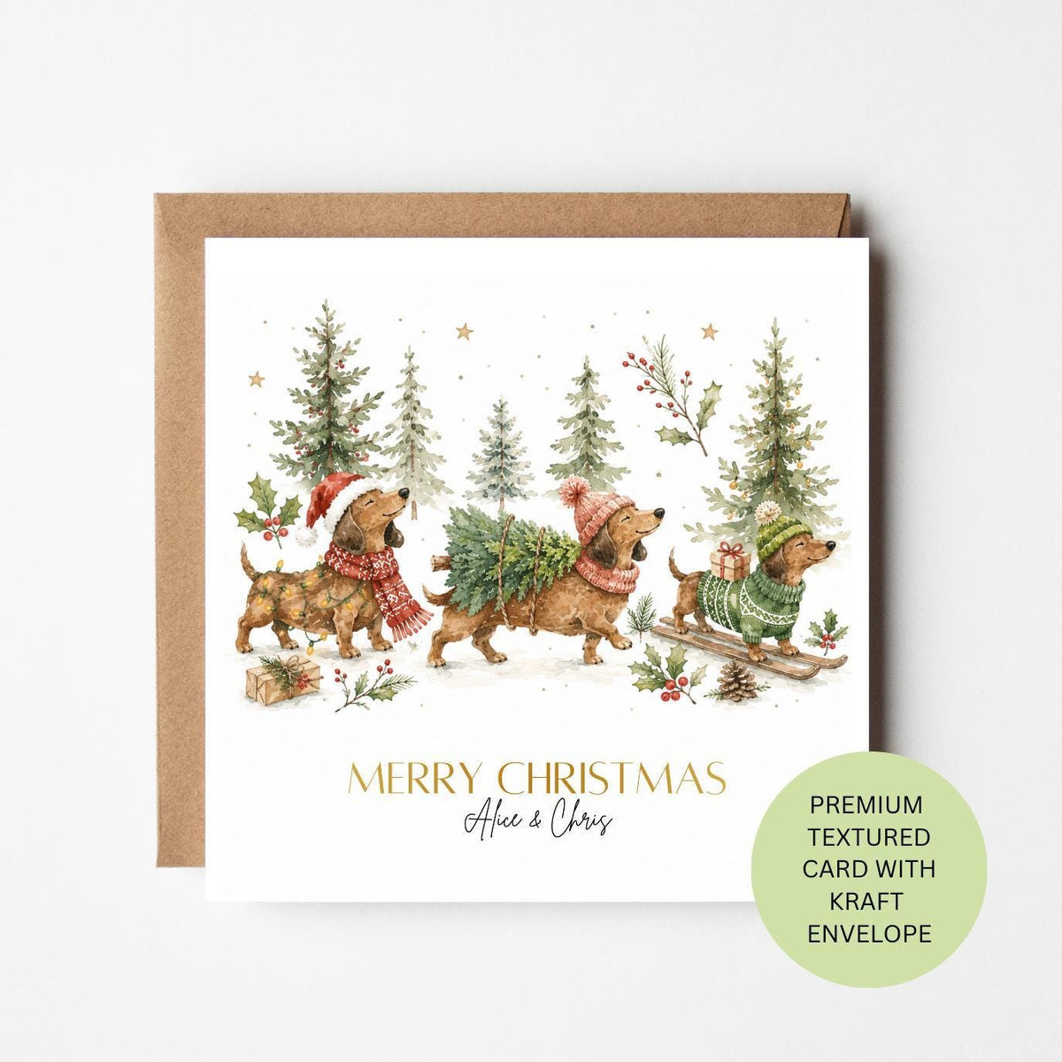 Personalised Dachshund Christmas Card, Watercolour Sausage Dogs, Festive Outfits, Textured Card