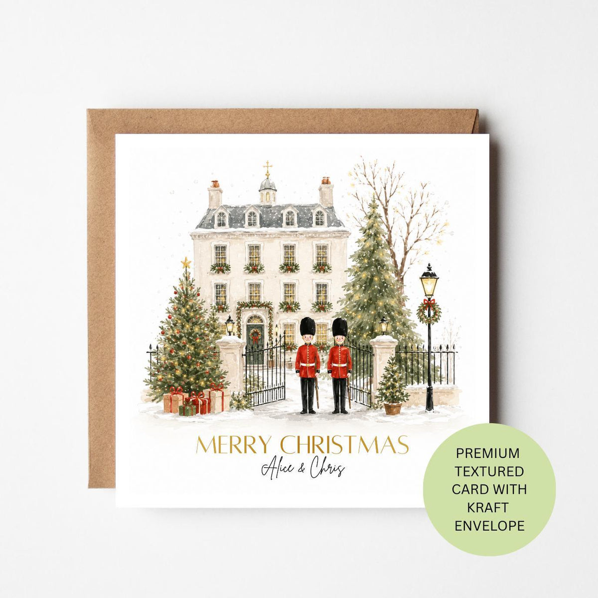 Personalised Watercolour London Townhouse Christmas Card, Festive Guards, Textured British Keepsake