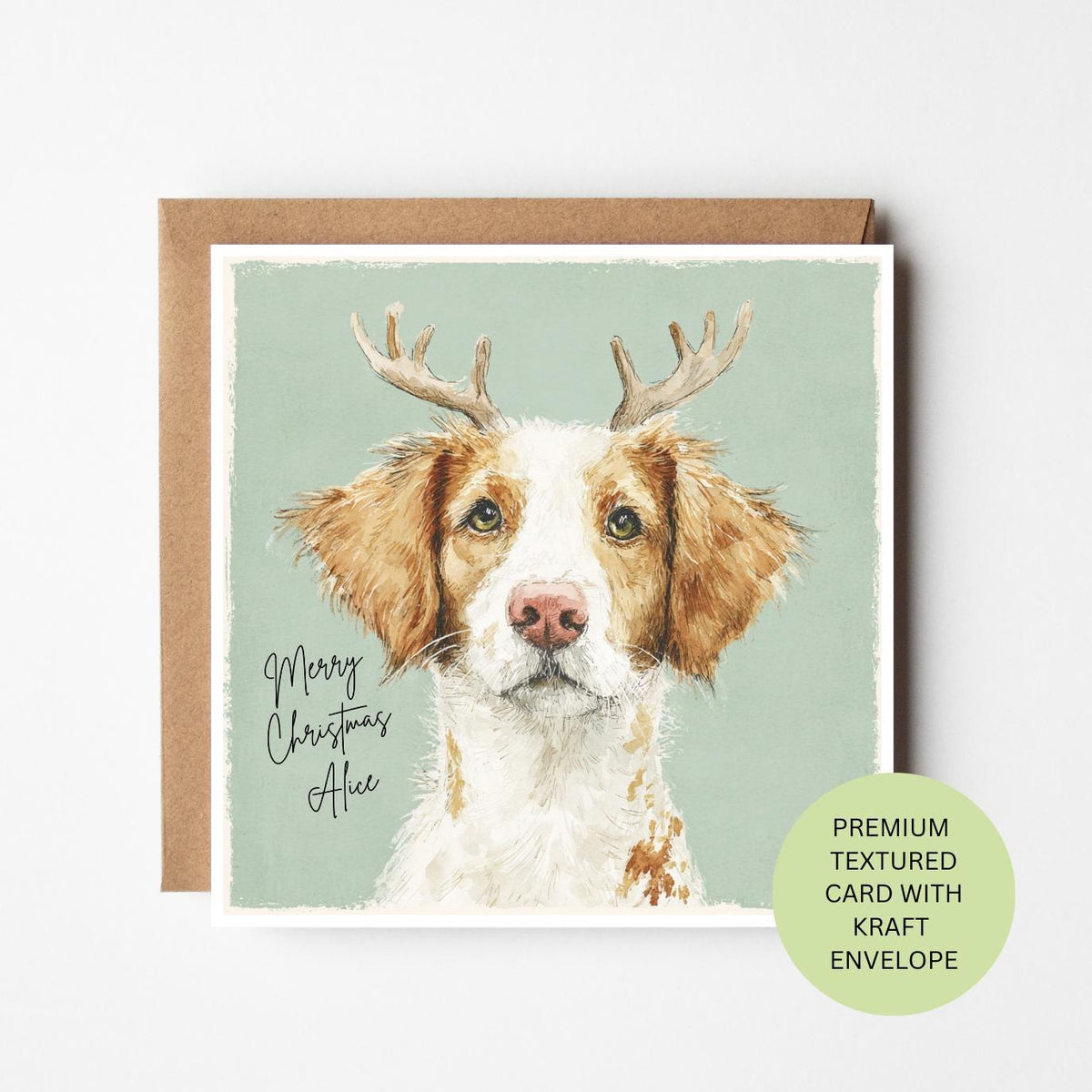 Personalised Spaniel Christmas Card, Reindeer Antlers Watercolour Dog Card