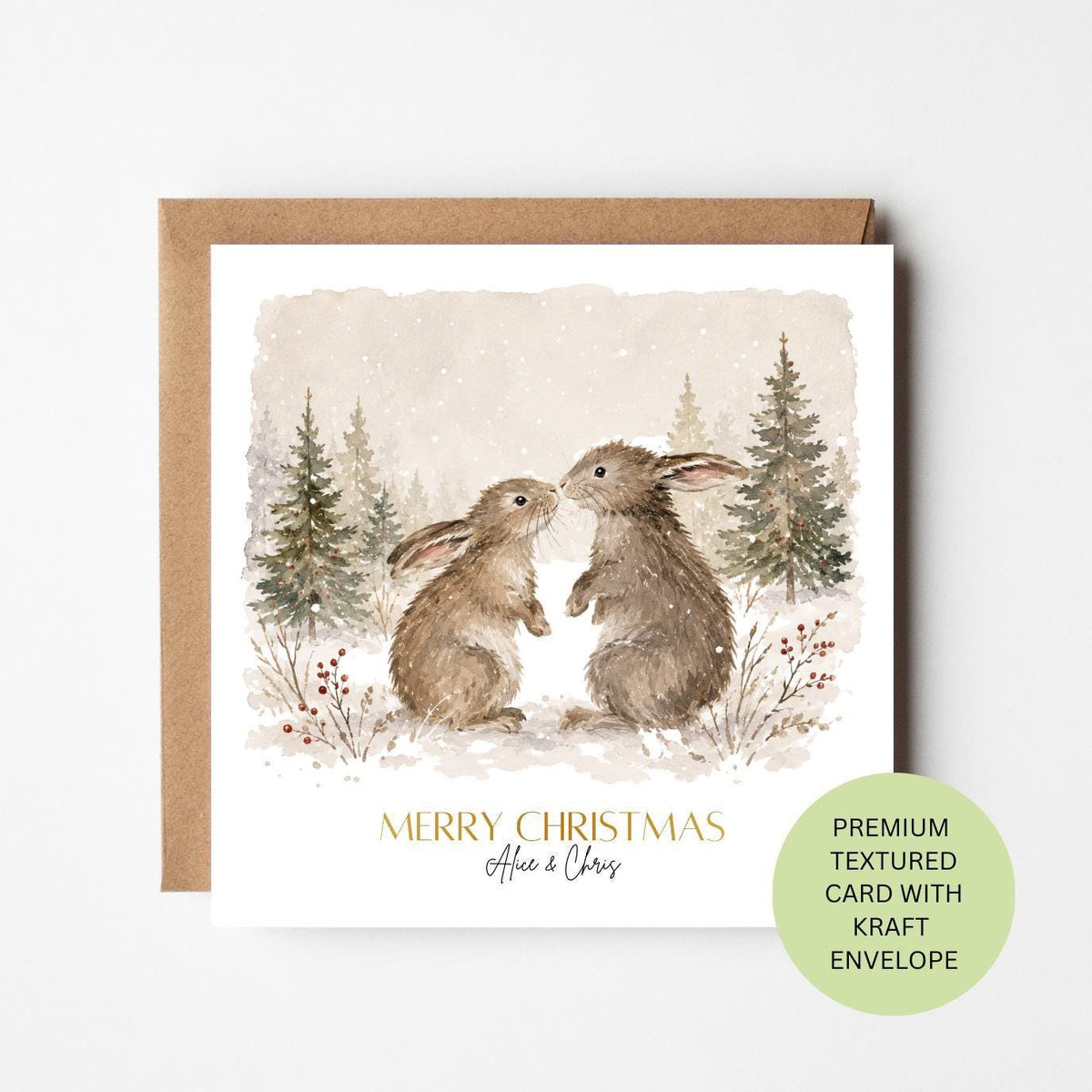 Personalised Watercolour Kissing Rabbits Christmas Card, Woodland Bunny Couple (Textured Card)