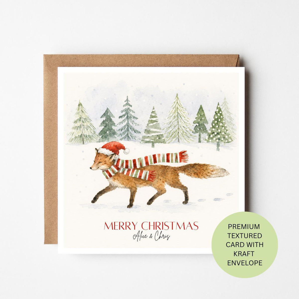 Personalised Fox Christmas Card, Snowy Woodland Watercolour, Elegant Textured Festive Wildlife Card