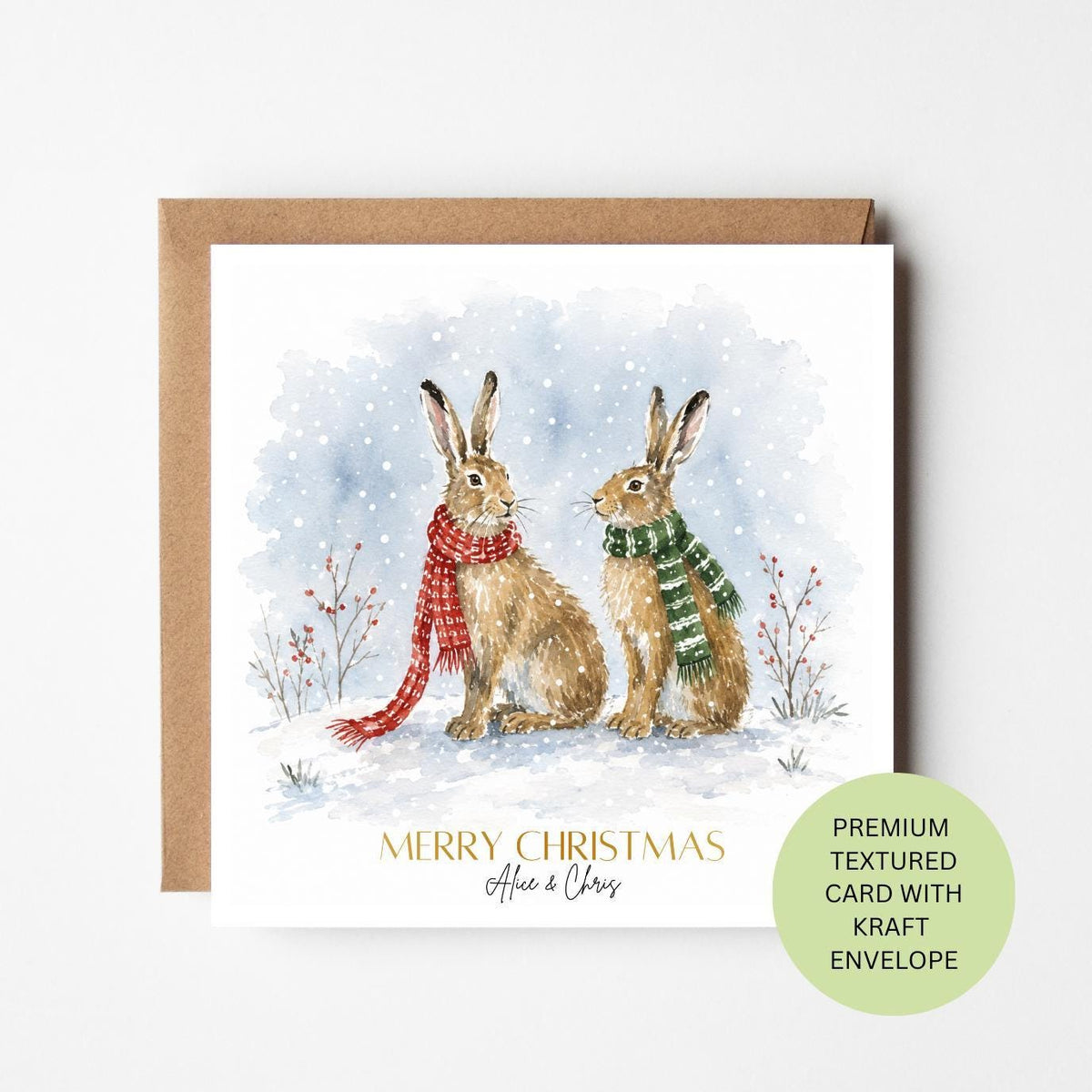 Personalised Watercolour Hare Christmas Card, Winter Couple Bunnies, Textured Kraft Envelope