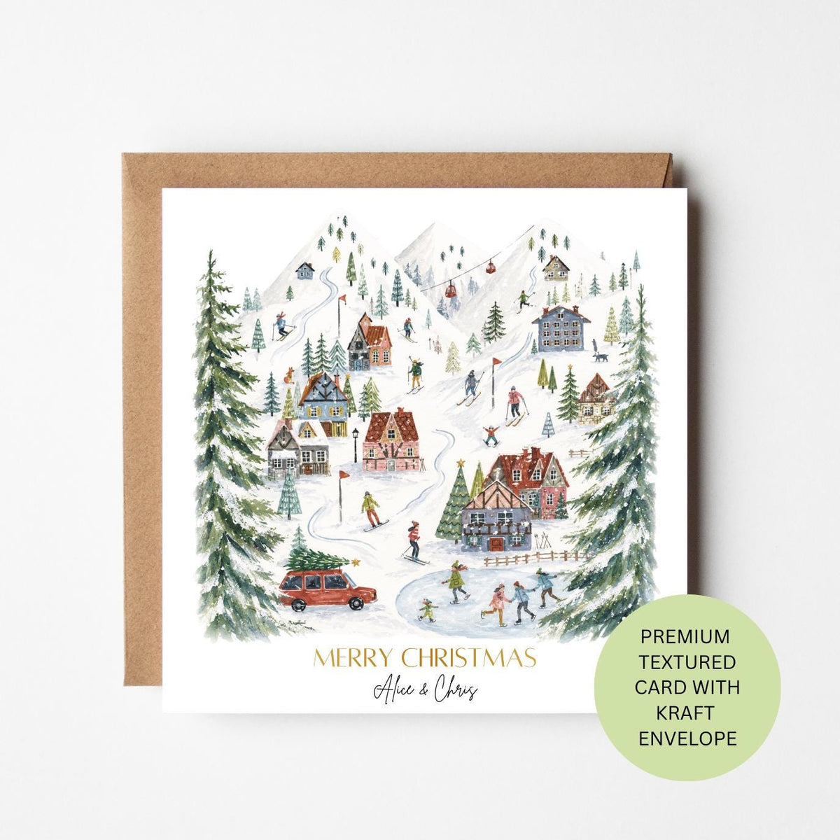 Personalised Ski Village Christmas Card, Watercolour Textured Greeting, Custom Family Xmas