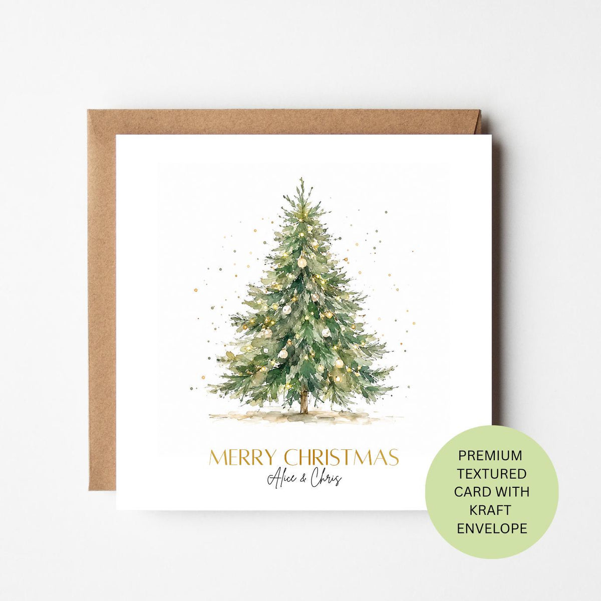 Personalised Watercolour Christmas Tree Card, Elegant Festive Greetings (Kraft Envelope)