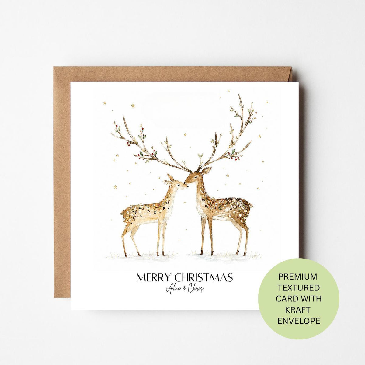 Personalised Christmas Deer Couple Card, Watercolour Textured Festive Greeting, Kraft Envelope