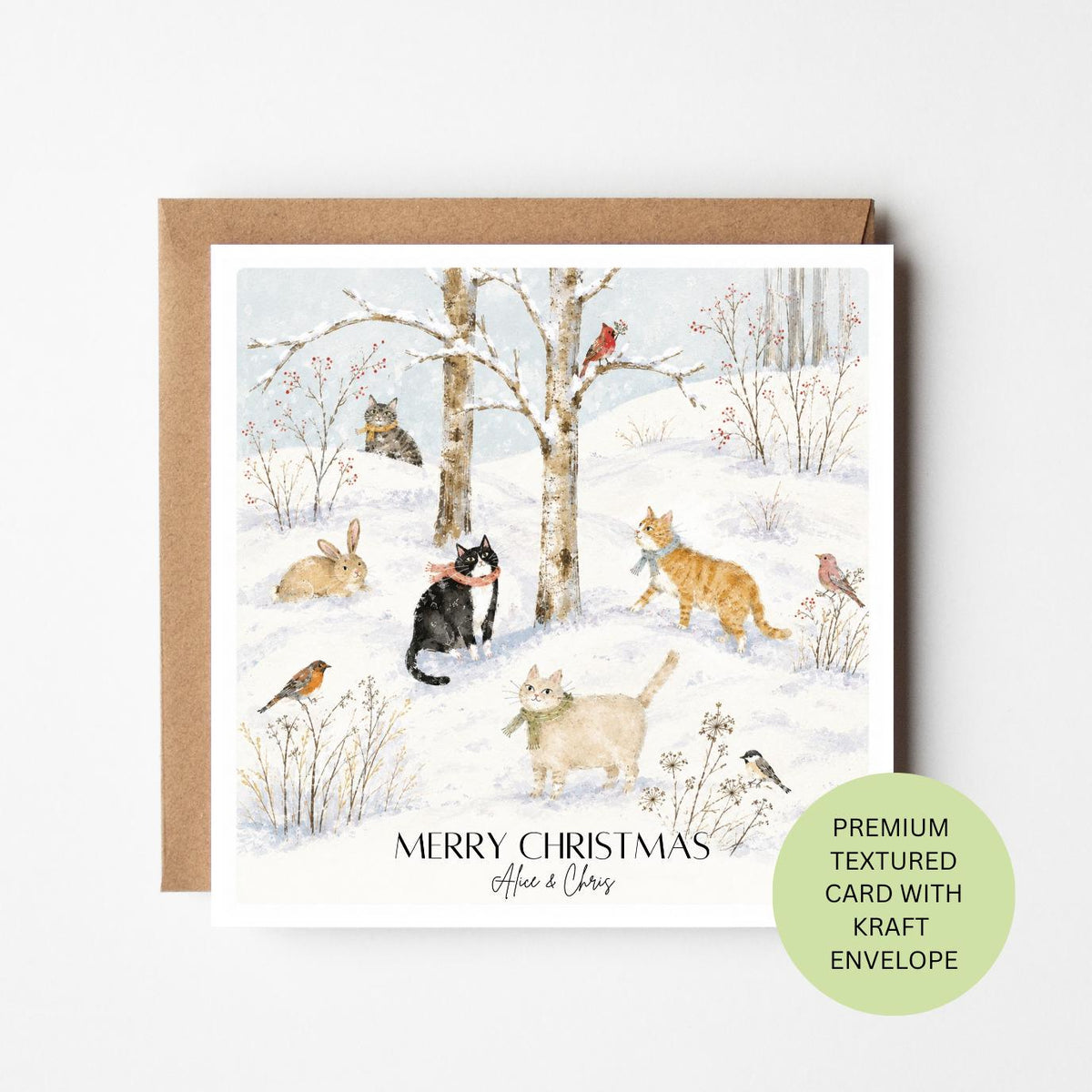 Personalised Watercolour Cats Birds Christmas Card, Textured Winter Woodland Scene