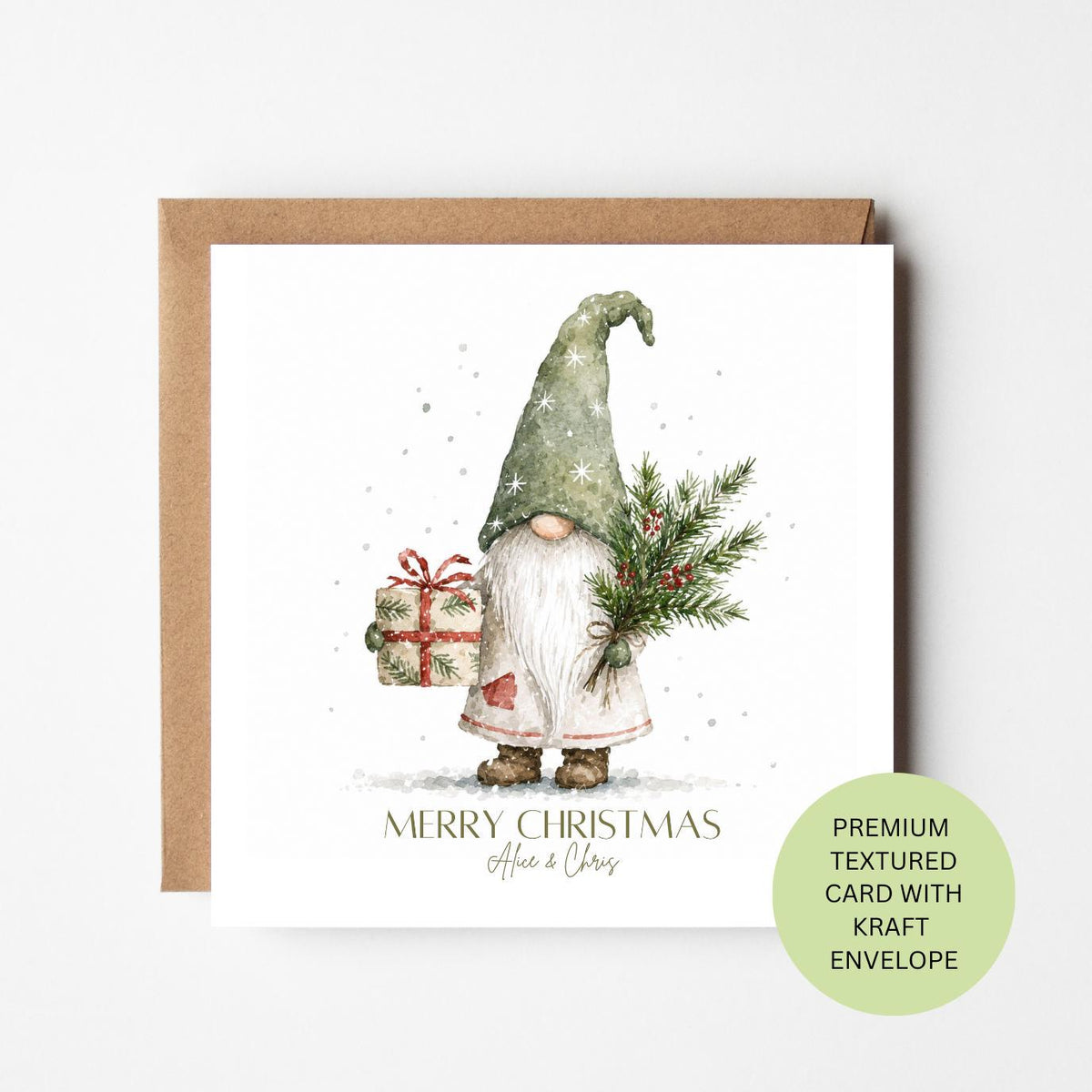 Personalised Christmas Gnome Card, Watercolour Present Design, Textured Festive Card