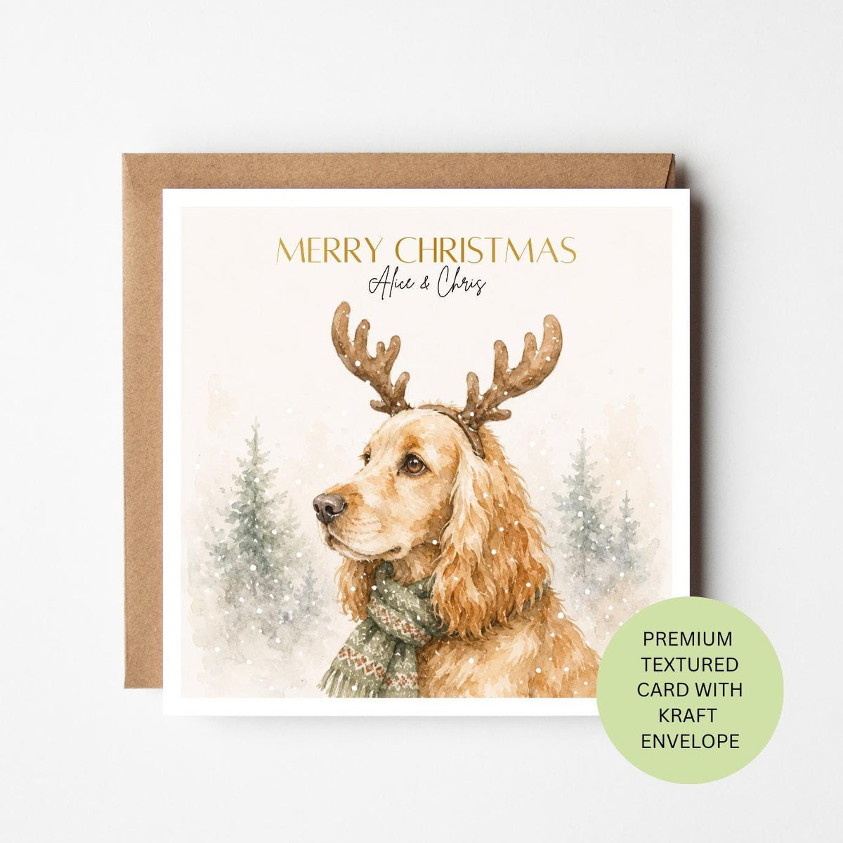 Personalised Cocker Spaniel Reindeer Christmas Card, Watercolour Dog Portrait, Custom Xmas Greeting (Kraft Envelope)