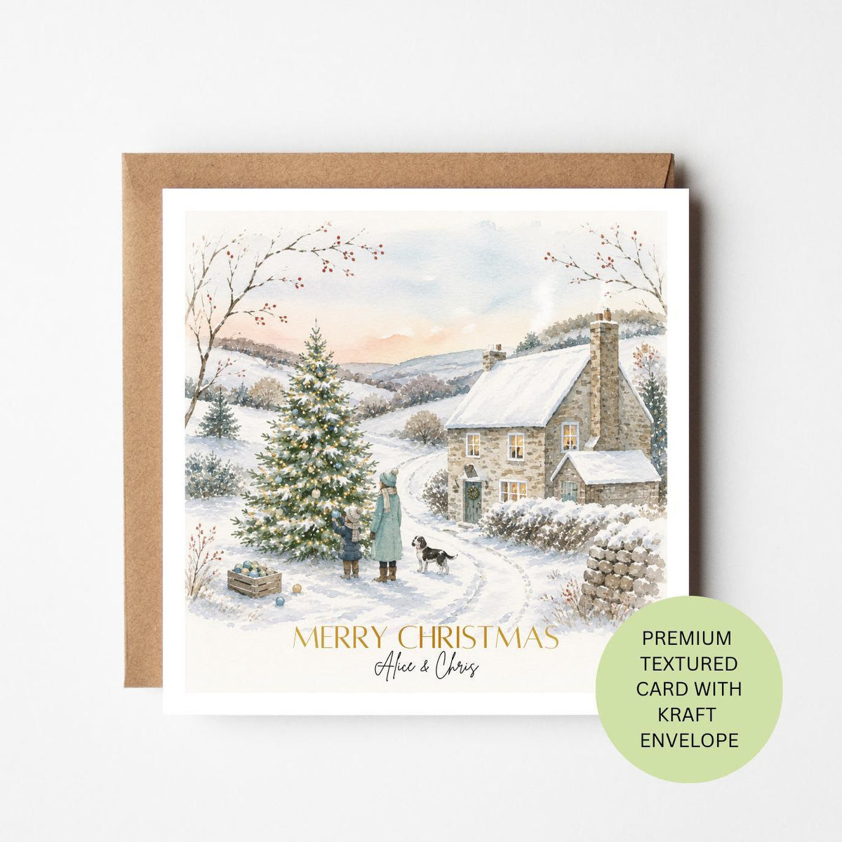 Personalised Watercolour Cottage Christmas Card, Family Couple Xmas Greetings