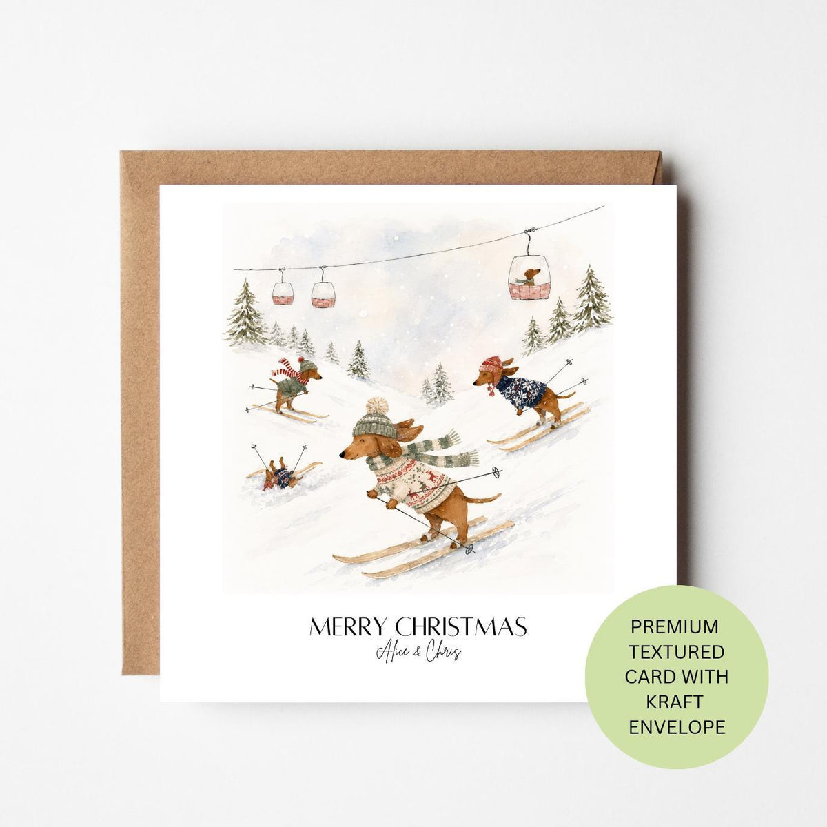 Personalised Skiing Dachshund Christmas Card, Watercolour Textured Greeting (Kraft Envelope)