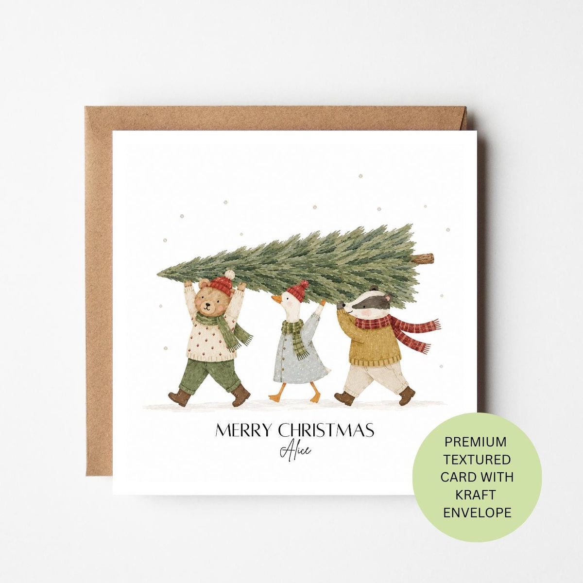 Personalised Watercolour Christmas Card, Woodland Animals Carrying Tree, Custom Family Greetings