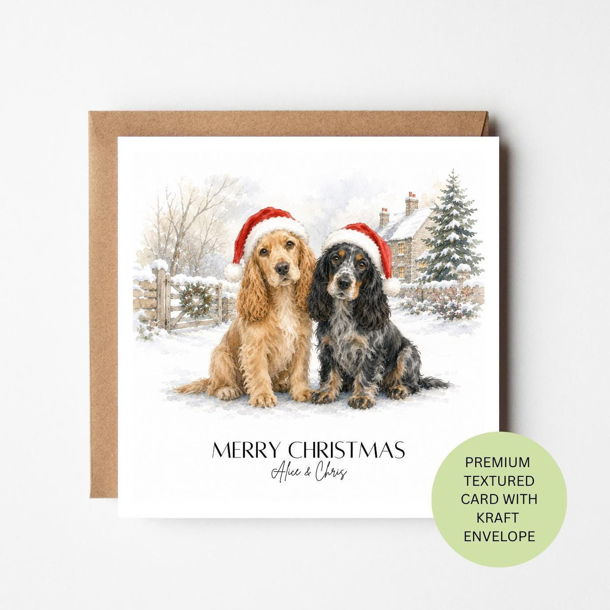 Personalised Cocker Spaniel Christmas Card, Watercolour Dog Illustration, Custom Couple Xmas Greeting