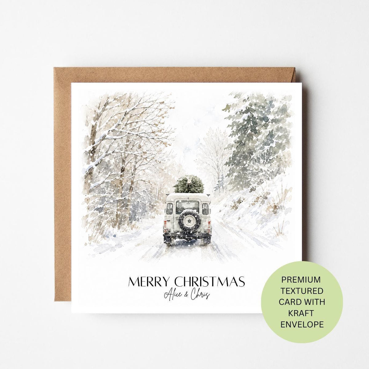 Personalised Watercolour Christmas Card, Vintage White Land Rover, Textured Kraft Envelope