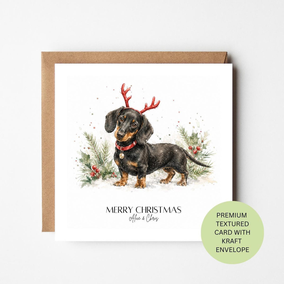 Personalised Dachshund Reindeer Christmas Card, Watercolour Textured Greeting, Custom Couple Xmas Card