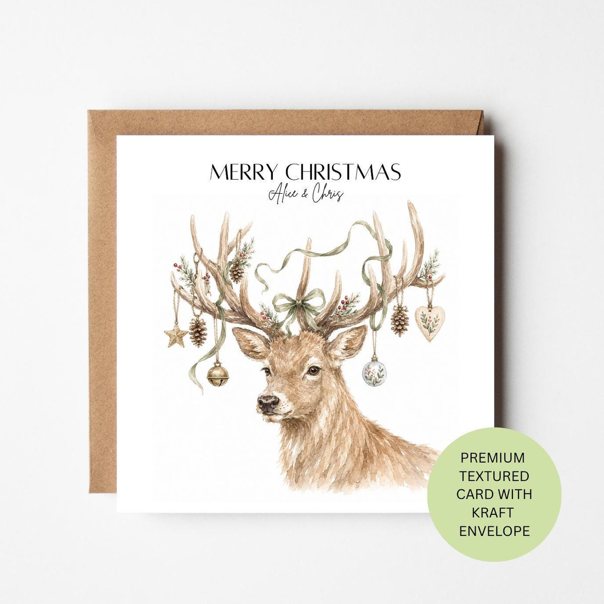 Personalised Stag Christmas Card, Watercolour Textured Xmas Greeting, Family Couple Card