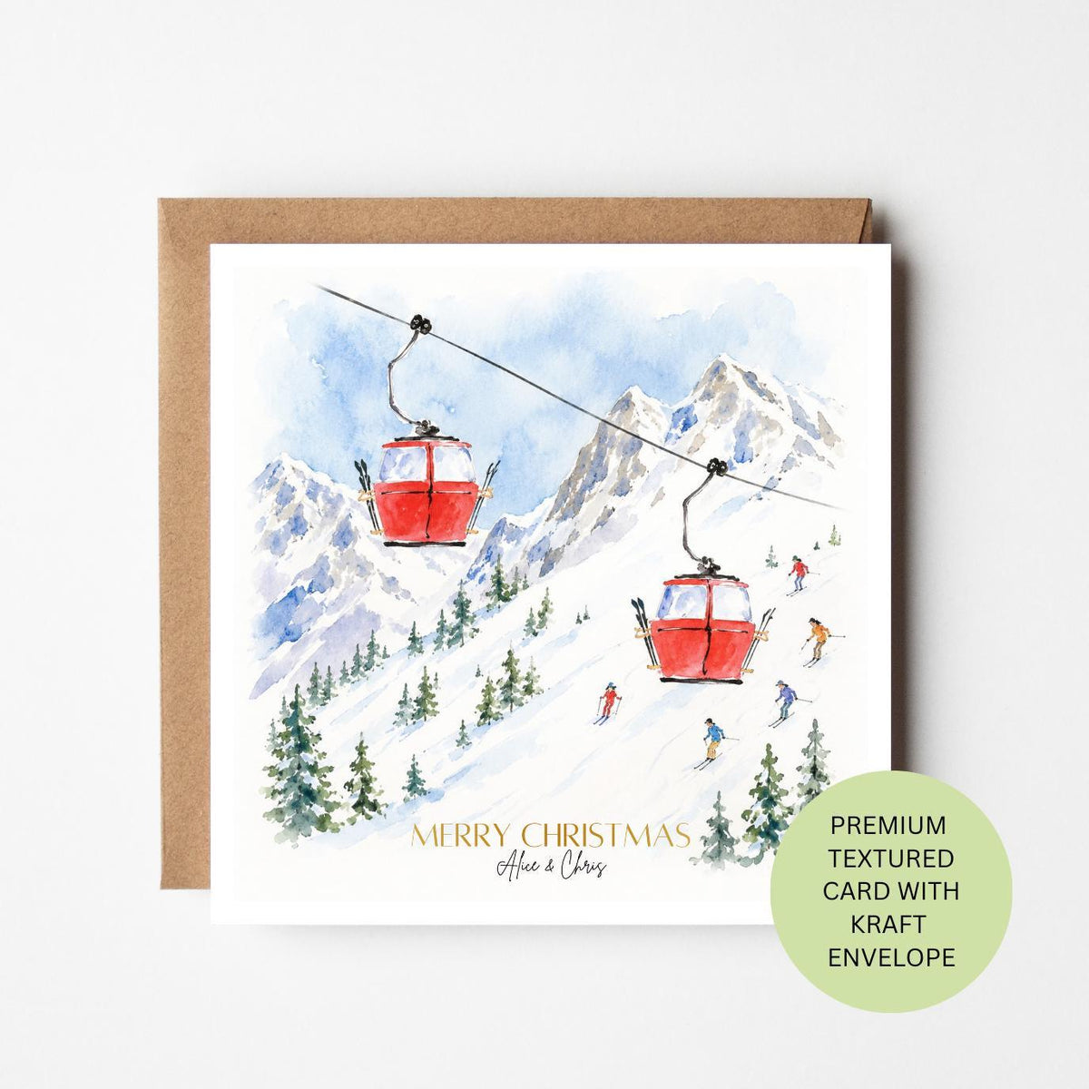 Personalised Ski Gondola Christmas Card, Watercolour Textured Alpine Scene, Custom Family Xmas Greeting