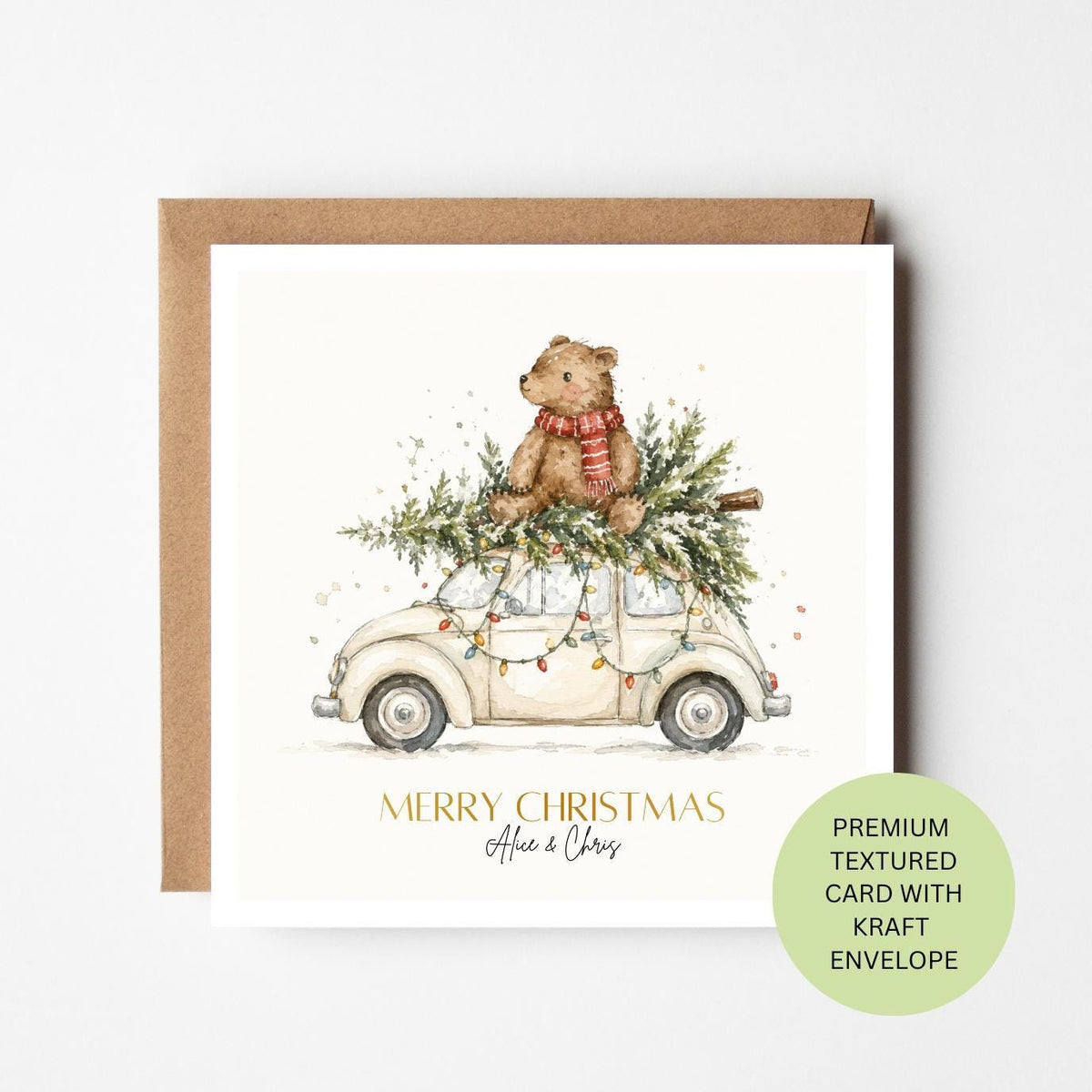 Personalised Christmas Card, Watercolour Bear Beetle Design, Custom Family Xmas Greeting