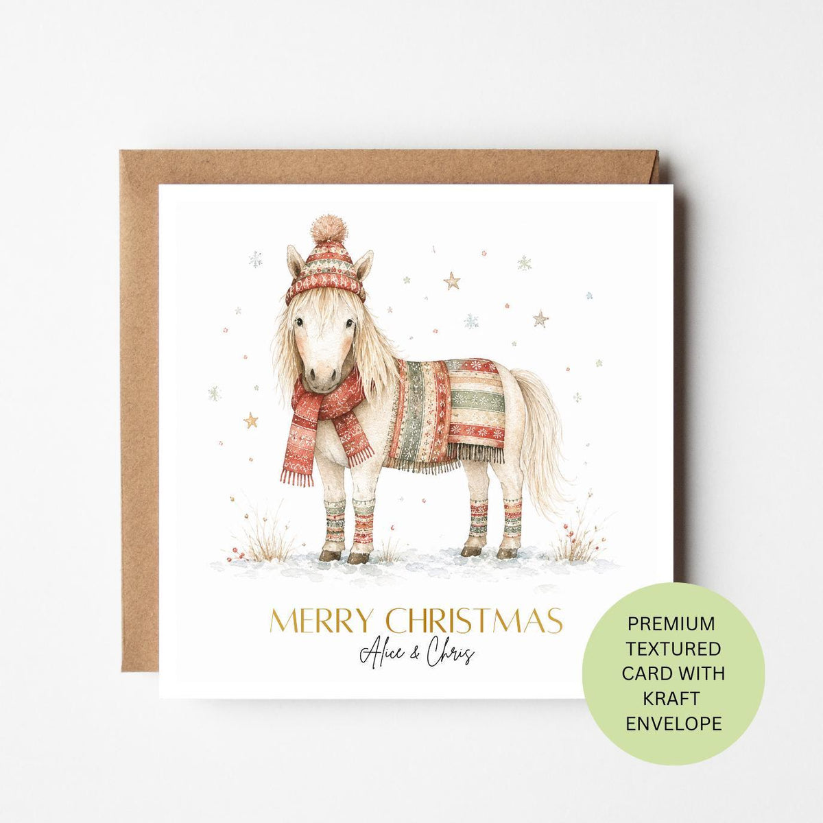 Personalised Watercolour Horse Christmas Card, Festive Pony Equestrian Greeting