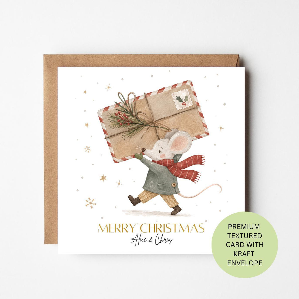Personalised Watercolour Mouse Christmas Card, Woodland Festive Post (Kraft Envelope)