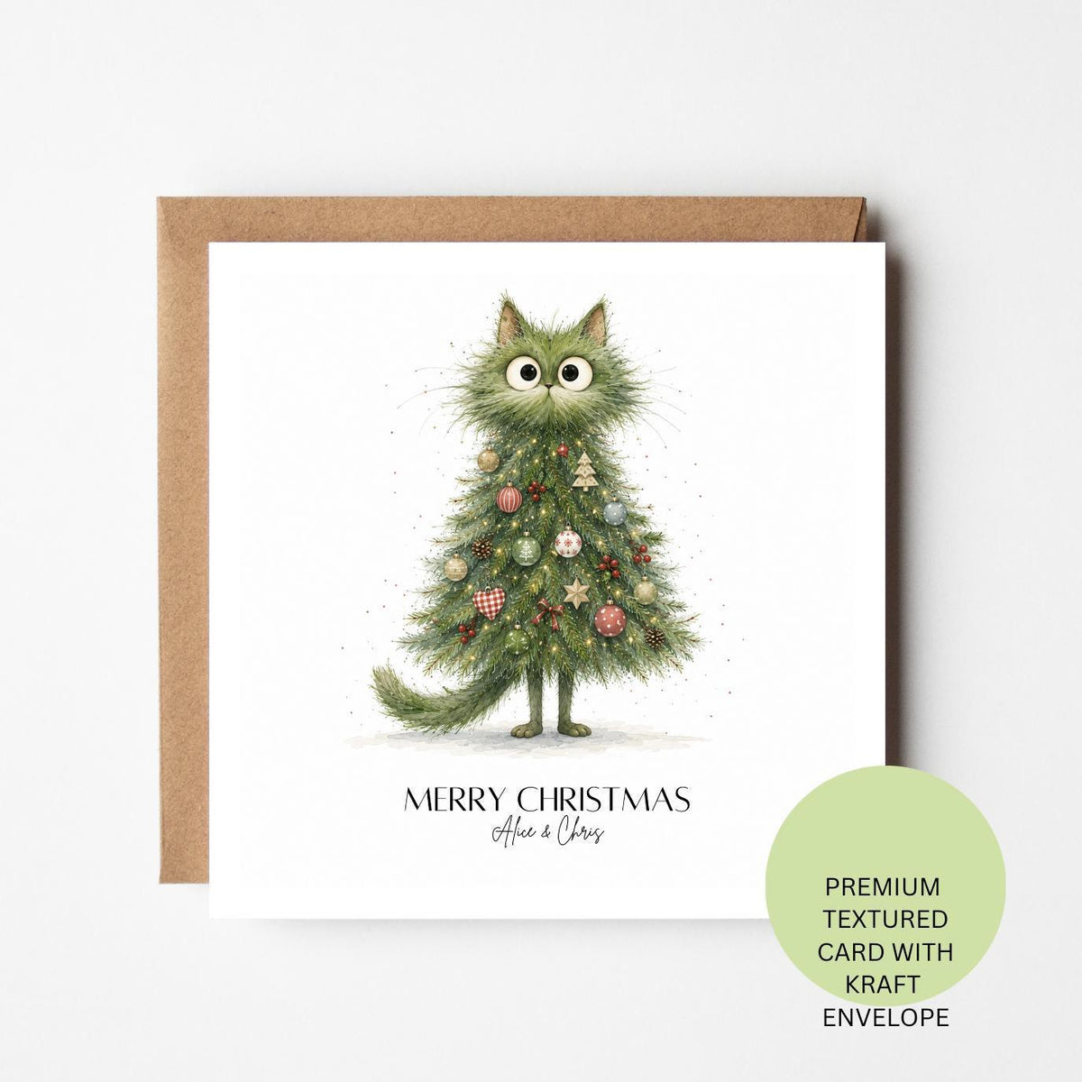 Personalised Christmas Cat Tree Card, Watercolour Textured Festive Greeting (Kraft Envelope)