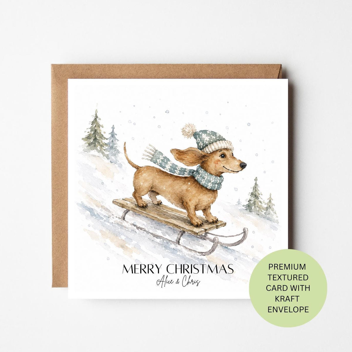 Personalised Dachshund Sledging Christmas Card, Watercolour Textured Xmas Greeting