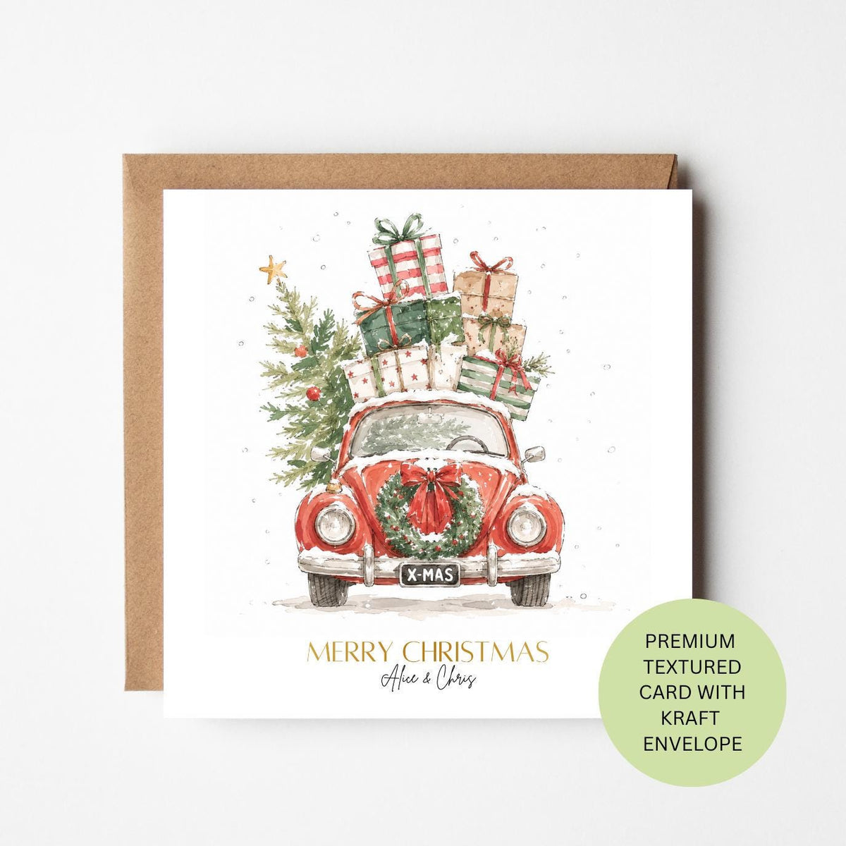 Personalised Christmas Car Card, Red Vintage Beetle Watercolour Card