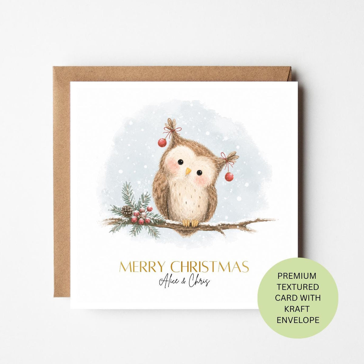 Personalised Watercolour Owl Christmas Card, Textured Winter Wildlife Xmas Greeting