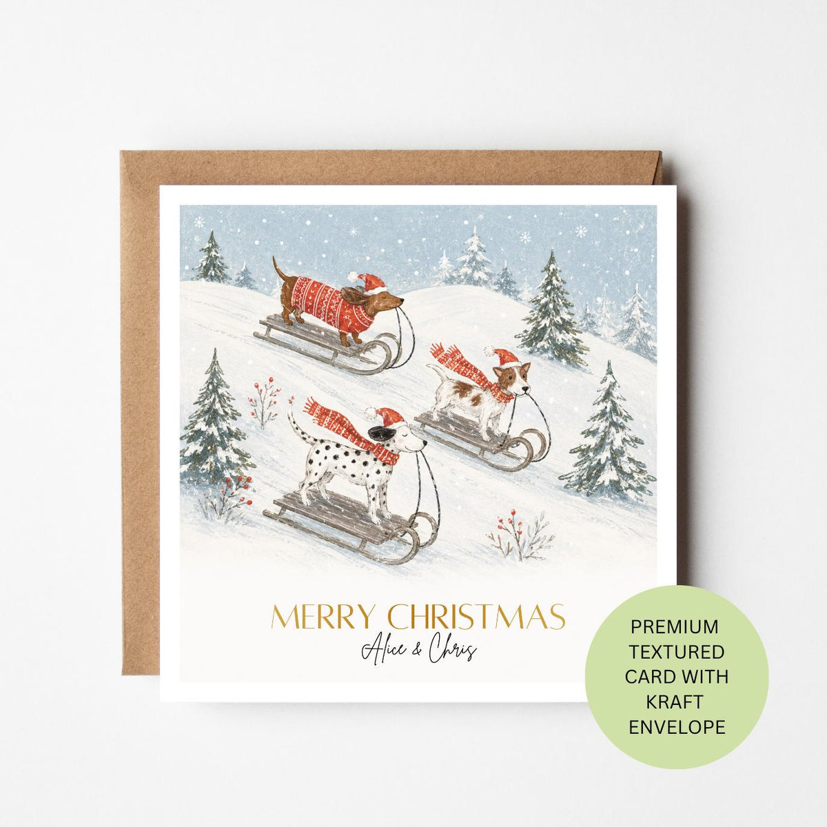 Personalised Sledding Dogs Christmas Card, Watercolour Textured Card, Custom Couple Xmas Greeting