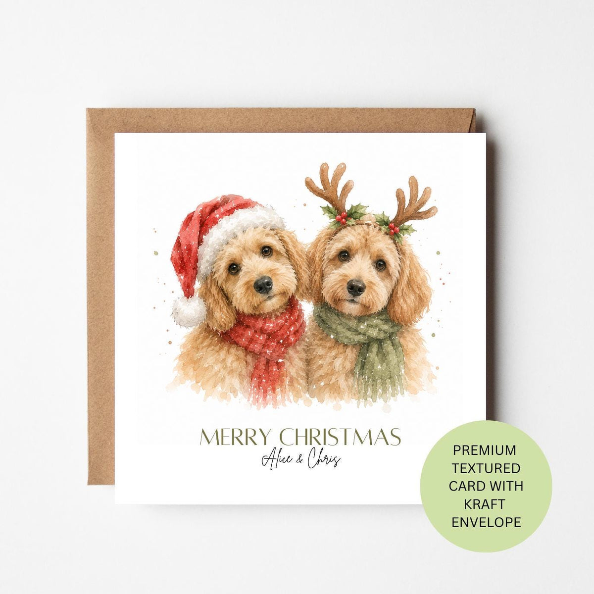 Personalised Cockapoo Christmas Card, Two Festive Dogs Watercolour Greeting Card