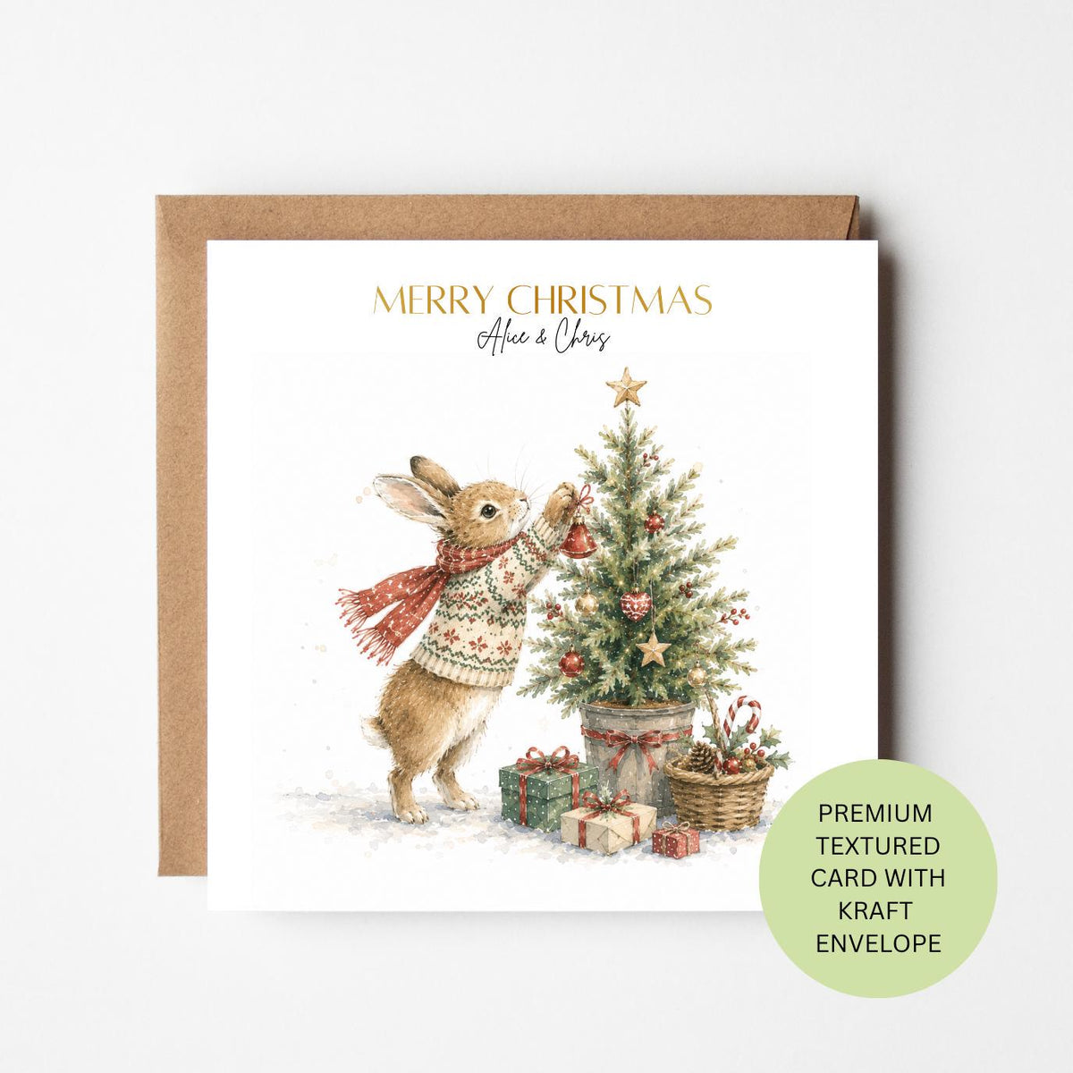 Personalised Rabbit Christmas Card, Watercolour Textured Xmas Greeting, Family Couple Card