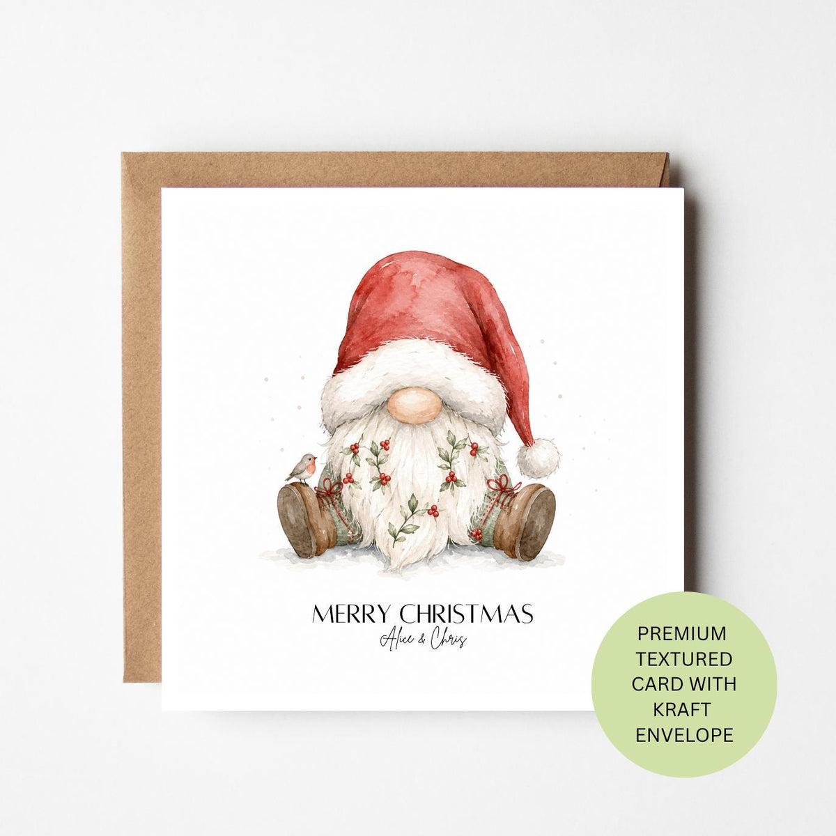 Personalised Christmas Gnome Card, Watercolour Textured, Custom Family Xmas Greeting (Kraft Envelope)