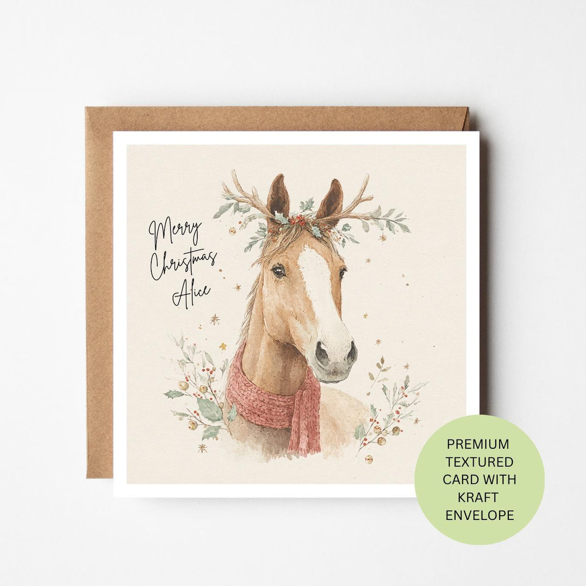 Personalised Watercolour Horse Christmas Card, Festive Antlers Scarf, Textured Equestrian Greeting
