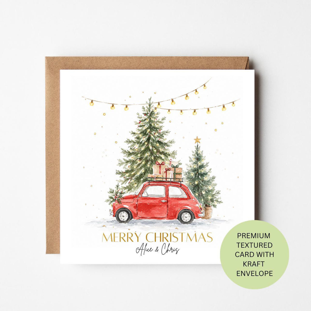 Personalised Red Classic Car Christmas Card, Watercolour Festive Scene, Textured Kraft Envelope