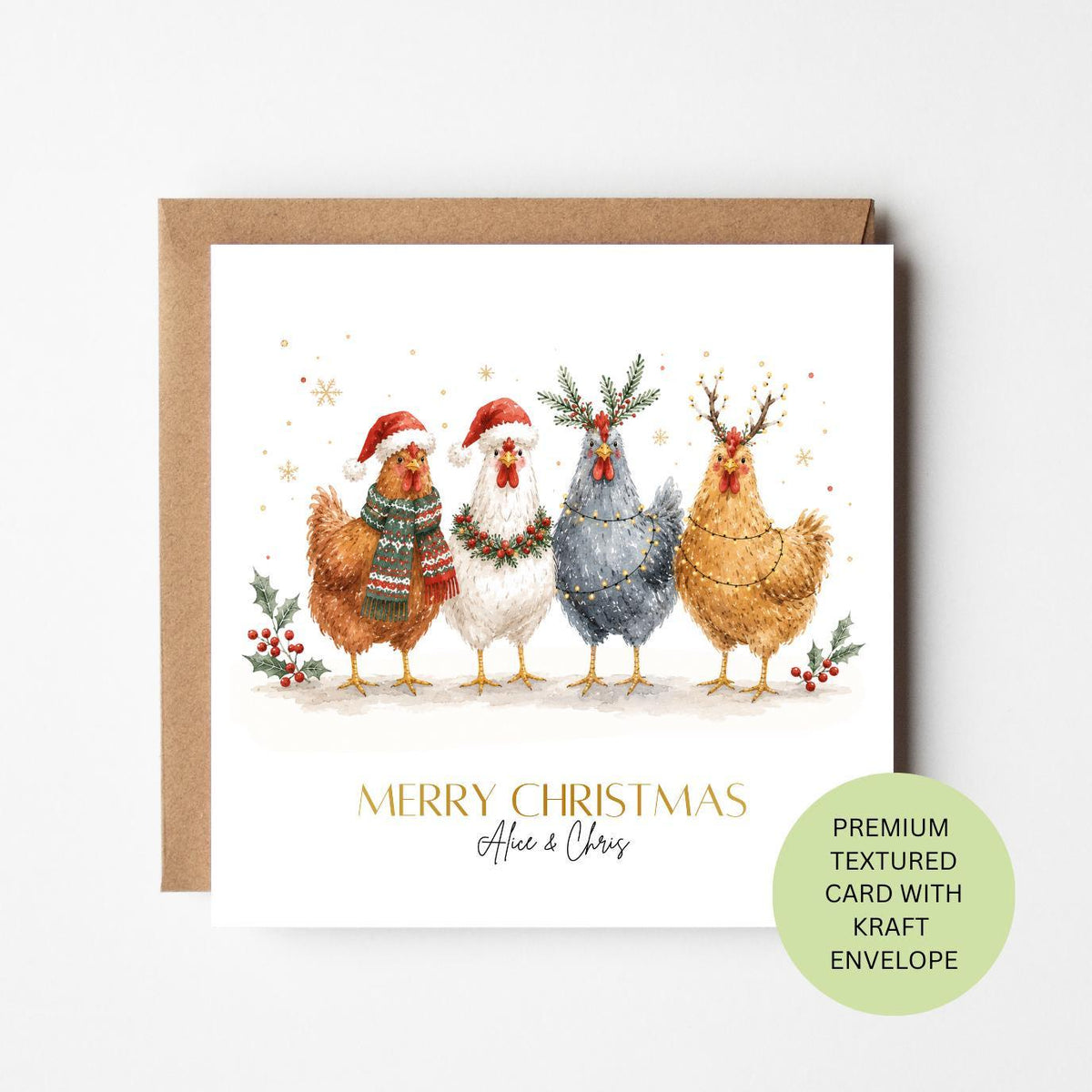 Personalised Watercolour Hens Christmas Card, Festive Chickens with Santa Hats, Textured Kraft Envelope
