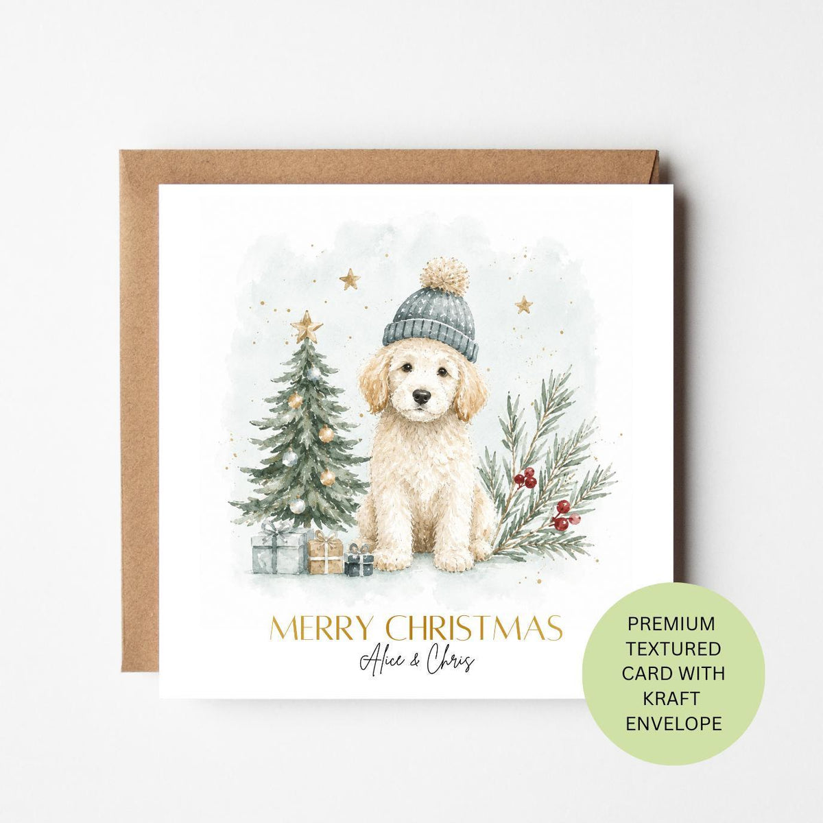 Personalised Puppy Christmas Card, Bobble Hat Dog Watercolour Card