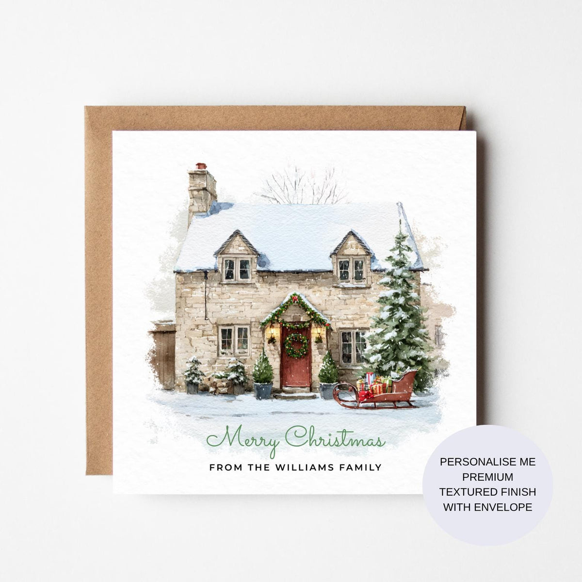 Christmas Card: Snowy Cotswold Cottage - Personalised Family Greeting