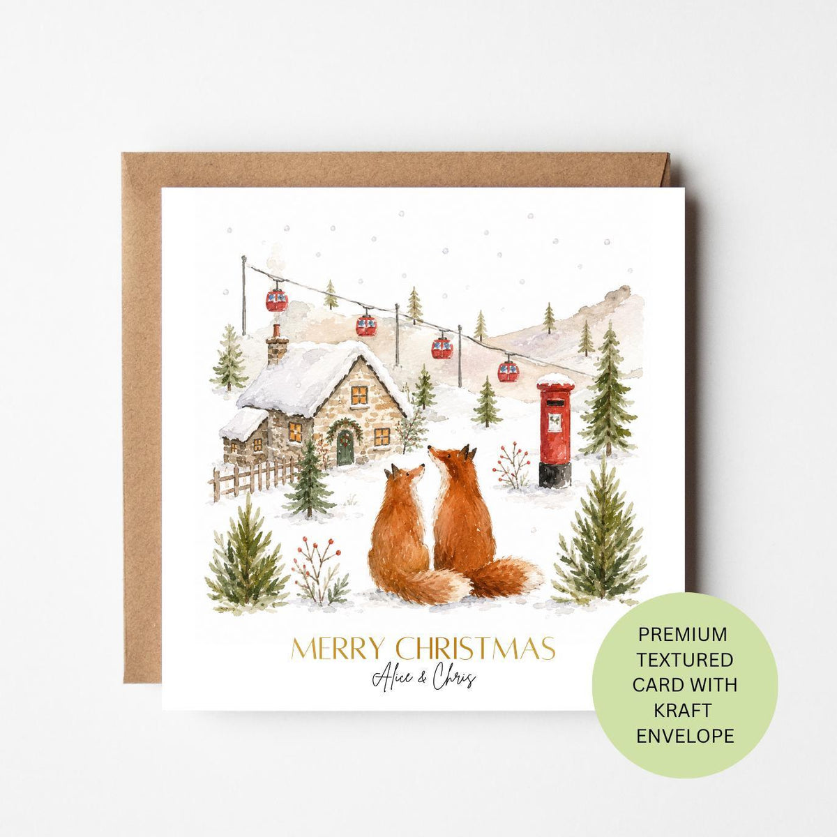 Personalised Fox Couple Christmas Card, Watercolour Ski Chalet Winter Scene, Textured Card