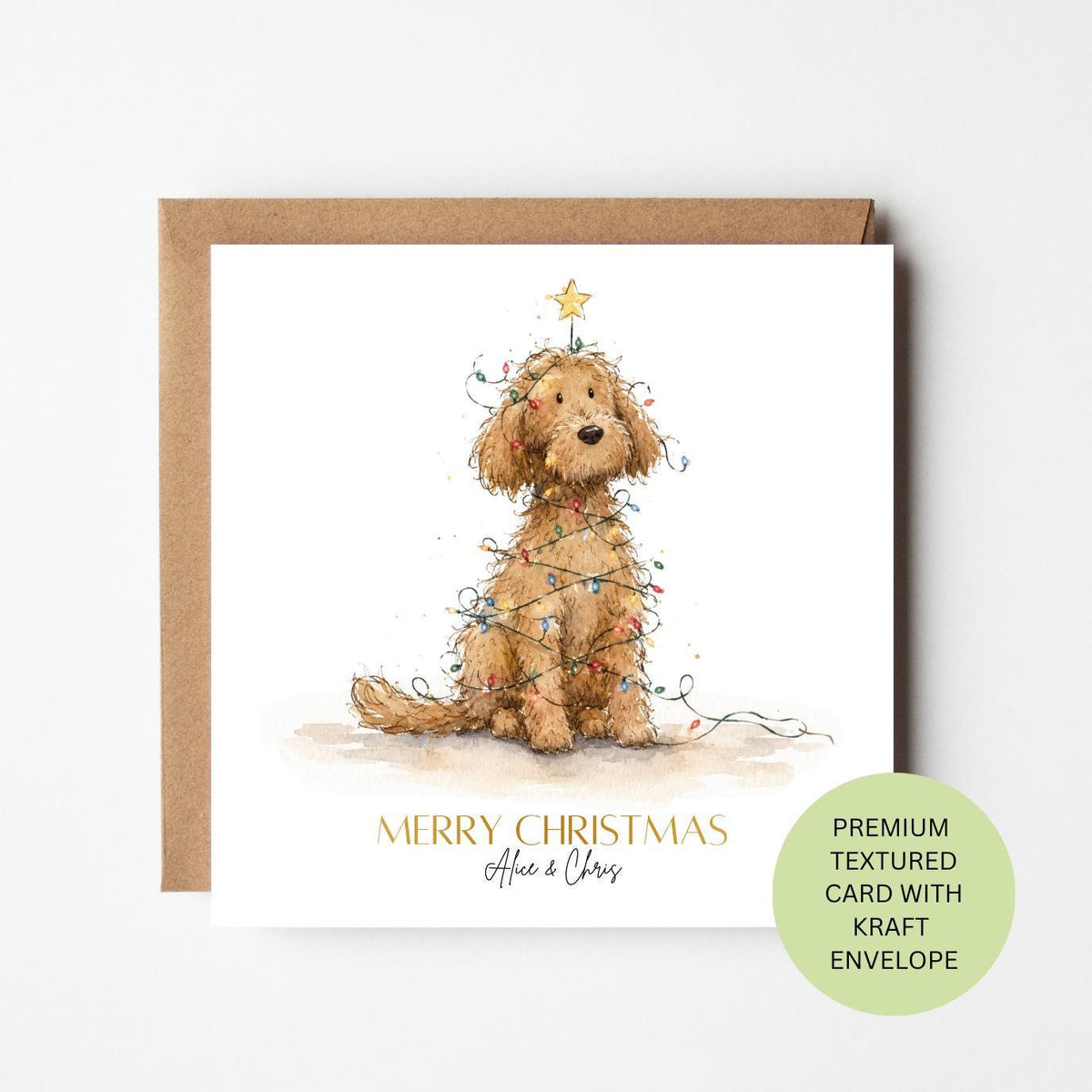 Personalised Cockapoo Christmas Card, Fairy Lights Dog Watercolour Card