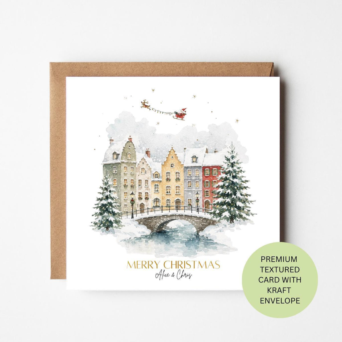 Personalised Snowy Canal Houses Christmas Card, Watercolour Winter City Scene