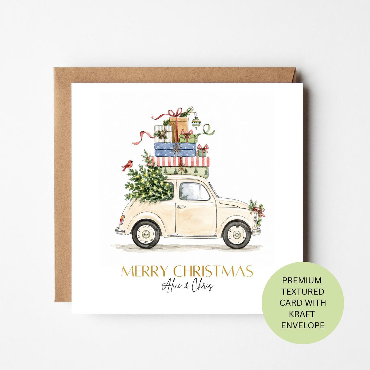 Personalised Watercolour Cream Vintage Car Christmas Card, Festive Gifts, Motor Enthusiast Greeting
