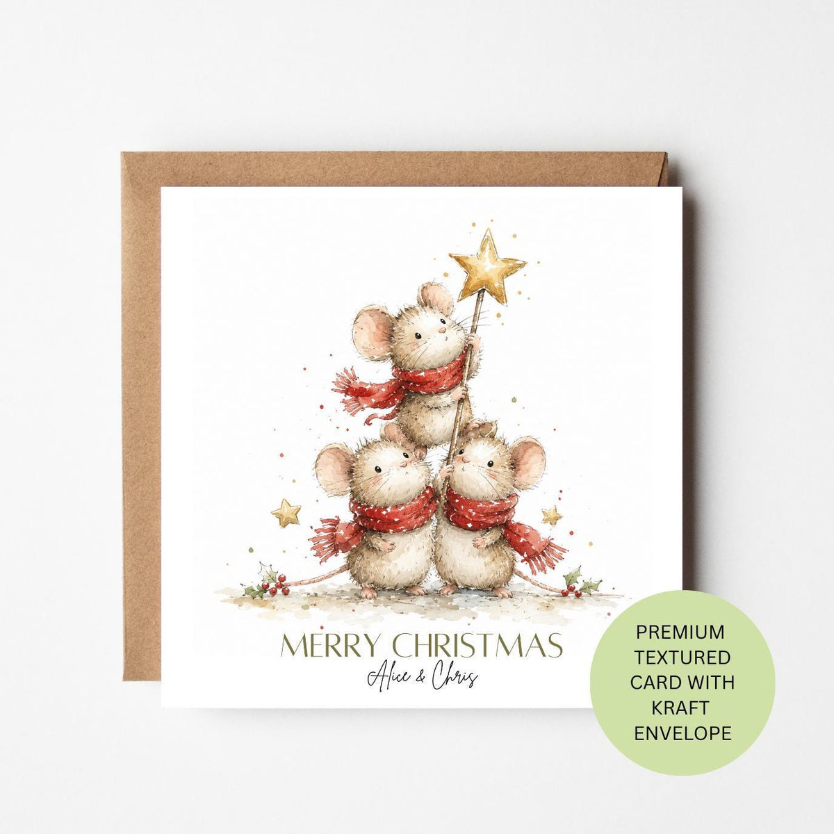 Personalised Watercolour Mice Christmas Card, Festive Animal Design, Textured Kraft Envelope