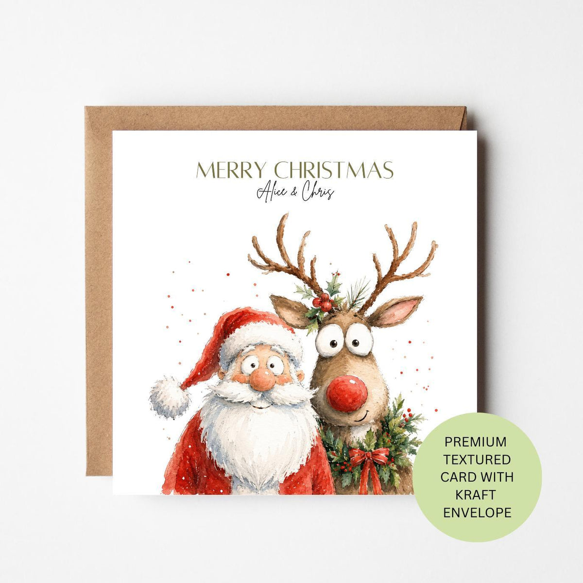 Personalised Santa Reindeer Christmas Card, Funny Watercolour Portrait, Textured Card