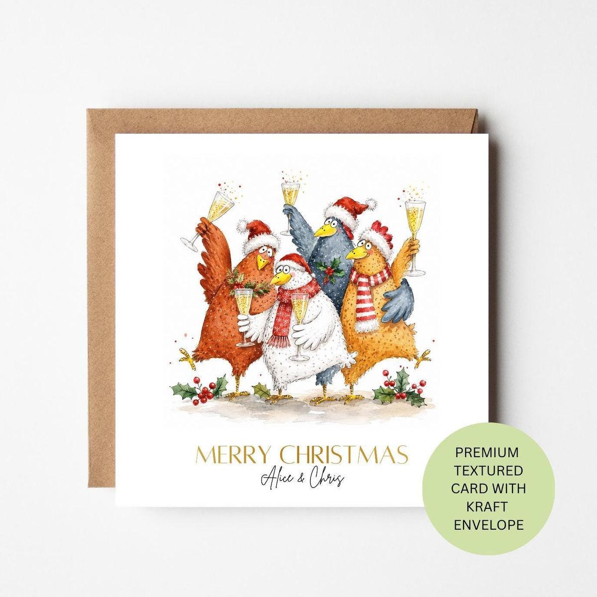 Personalised Watercolour Hens Christmas Card, Festive Toasting Chickens (Textured Card)